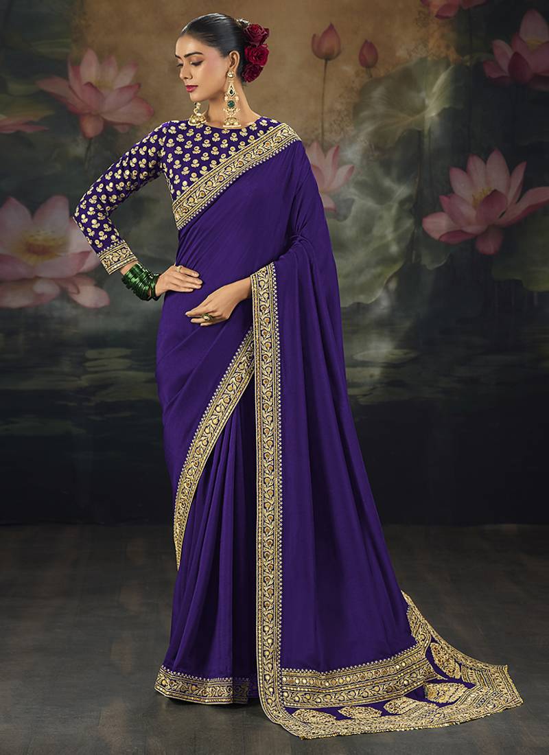  purple embroidered  silk blend saree