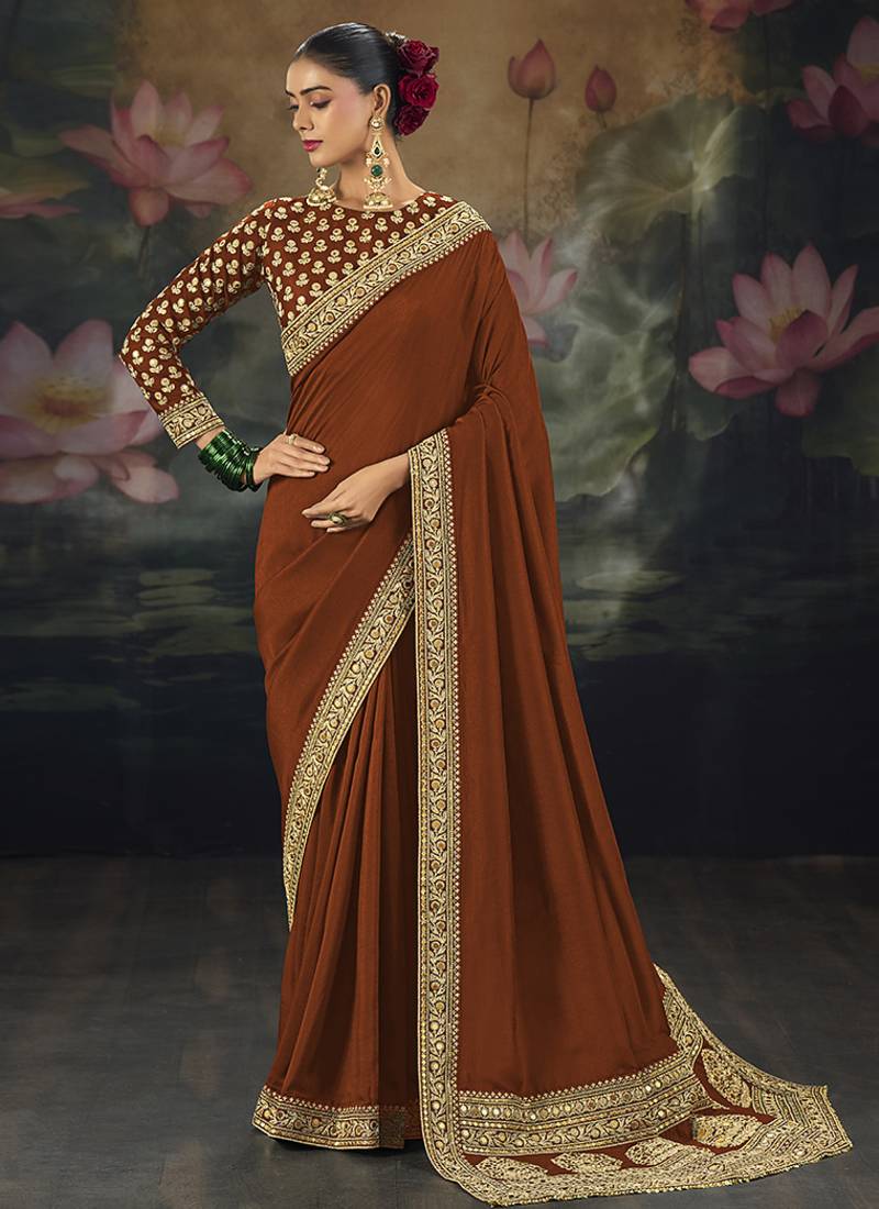  rust embroidered  silk blend saree