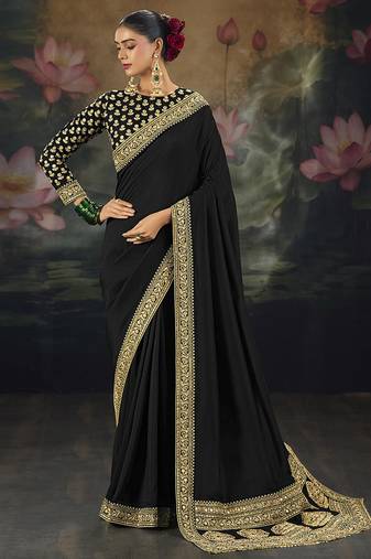  black embroidered  silk blend saree