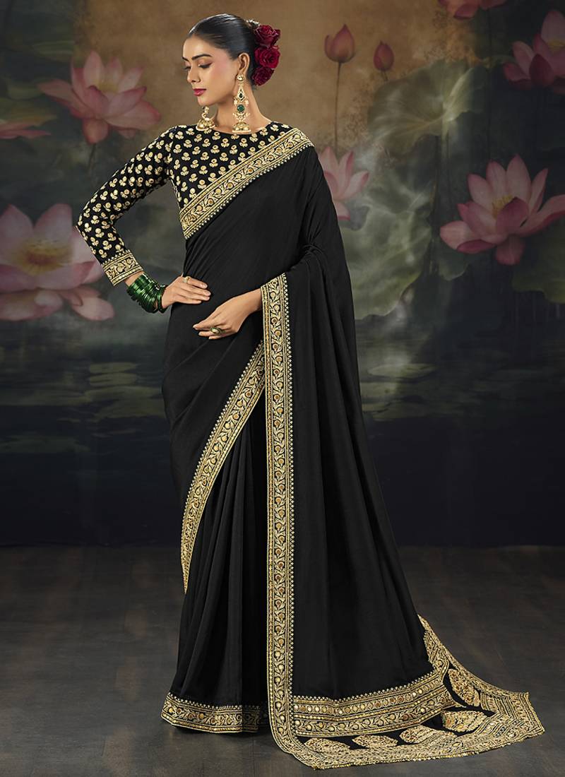  black embroidered  silk blend saree