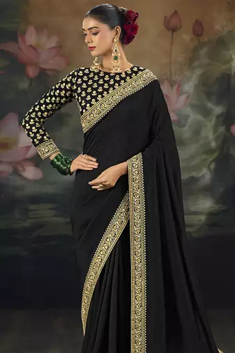  black embroidered  silk blend saree