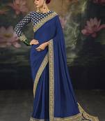  royal blue embroidered  silk blend saree
