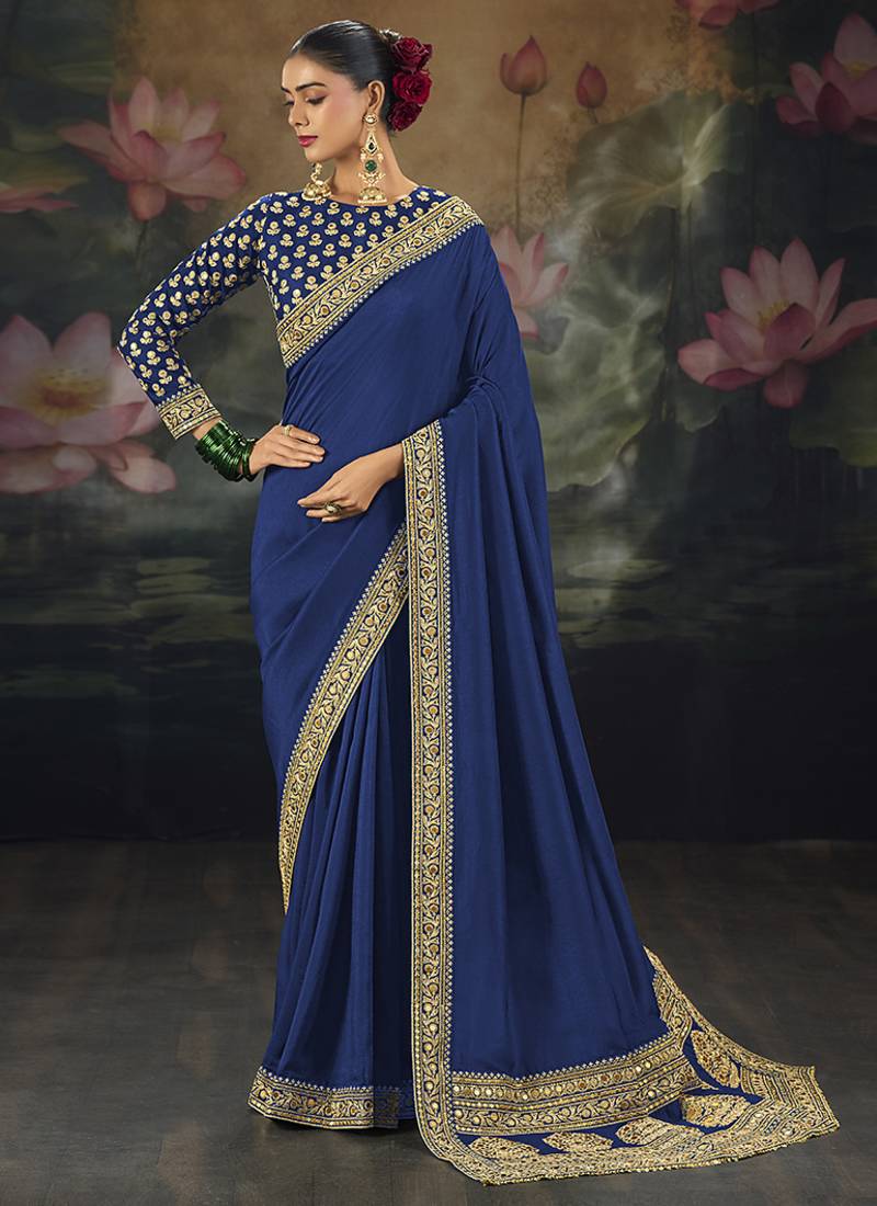 royal blue embroidered  silk blend saree