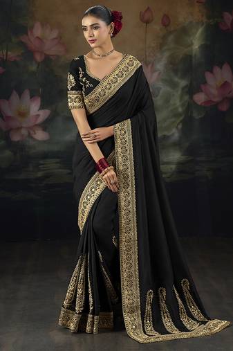  black embroidered  silk blend saree