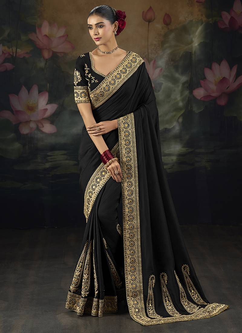  black embroidered  silk blend saree