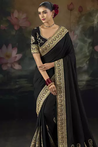  black embroidered  silk blend saree