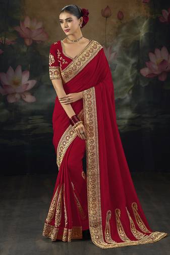  red embroidered red silk blend saree