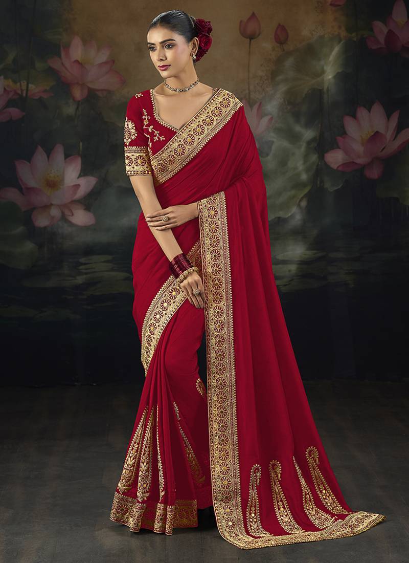  red embroidered red silk blend saree