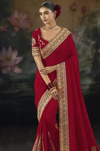  red embroidered red silk blend saree
