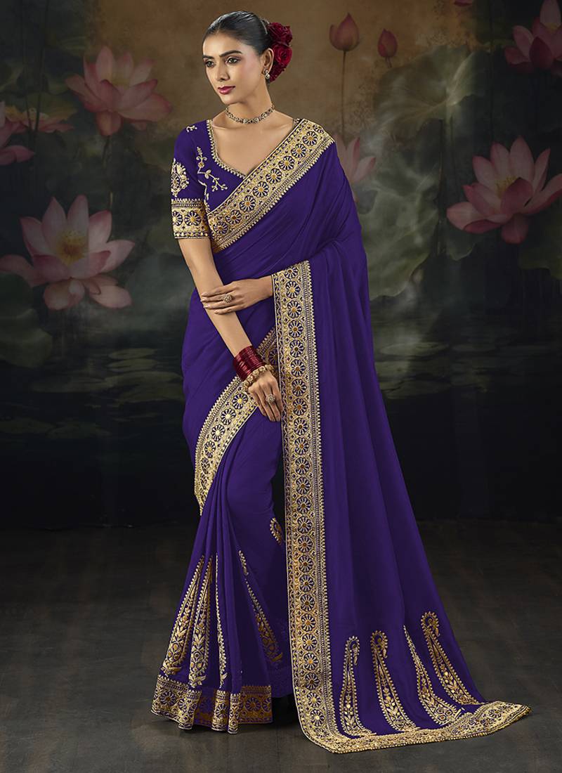  purple embroidered  silk blend saree
