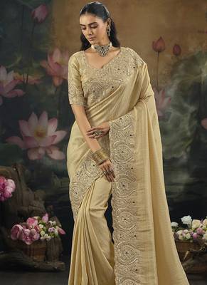 kanjivaram silk blend beige saree 2