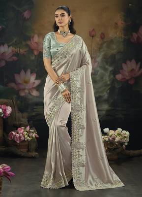 light grey embroidered silk blend saree 1
