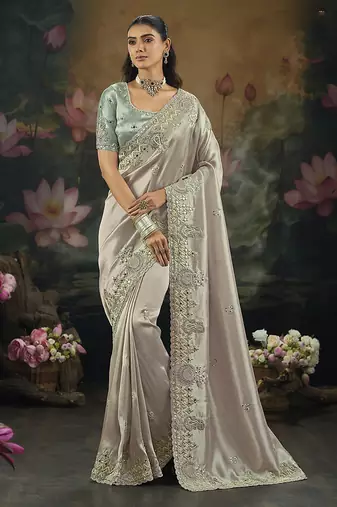 light grey embroidered silk blend saree