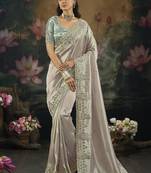light grey embroidered silk blend saree