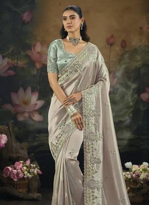 light grey embroidered silk blend saree 2