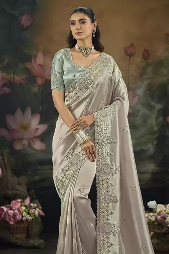 light grey embroidered silk blend saree