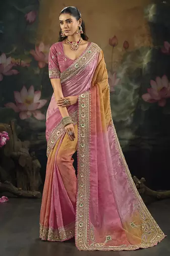 multi faux crepe embroidered saree