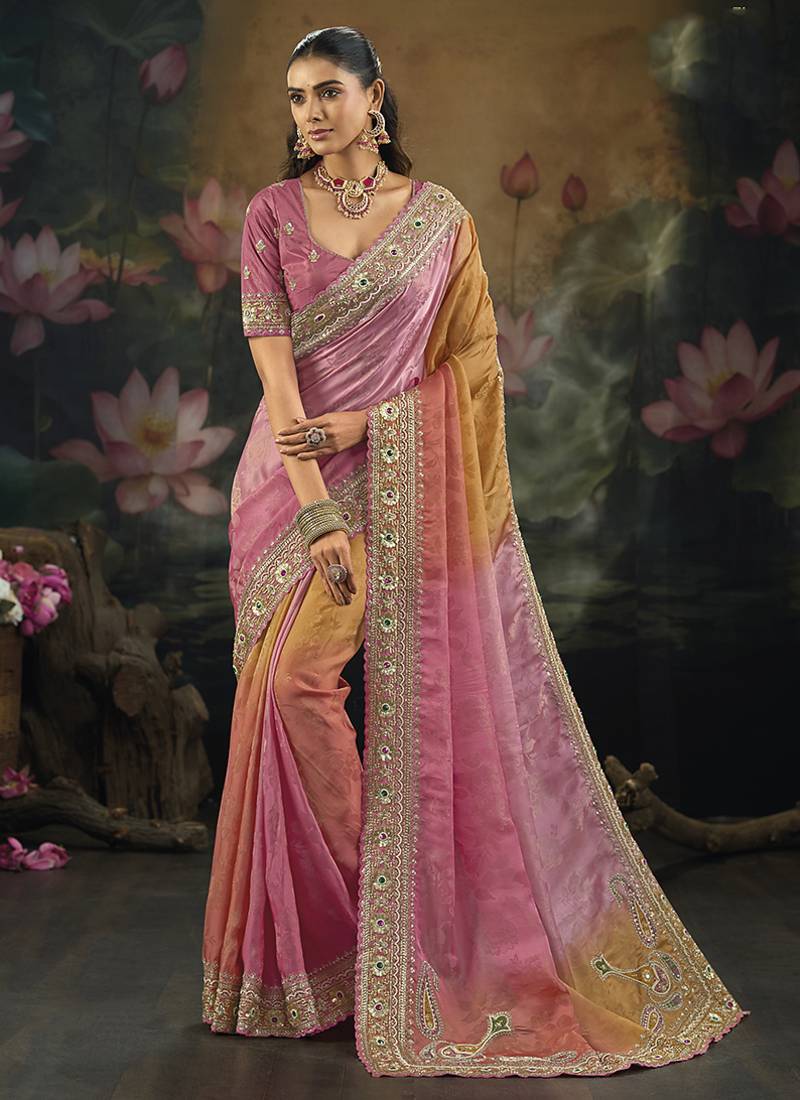 multi faux crepe embroidered saree