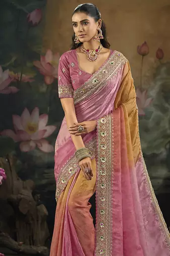 multi faux crepe embroidered saree