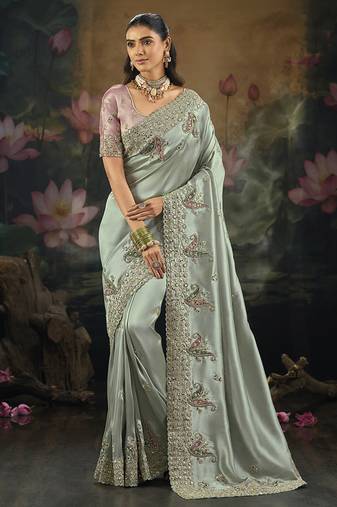 light cyan silk blend embroidered saree