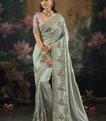 light cyan silk blend embroidered saree
