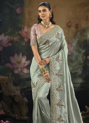 light cyan silk blend embroidered saree 2