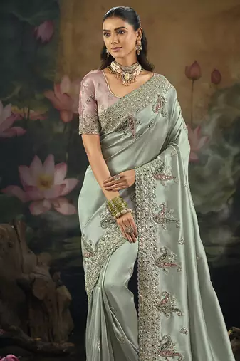 light cyan silk blend embroidered saree