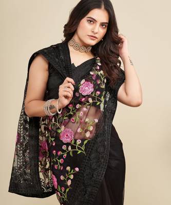 Women Black Floral Embroidered Designer Saree 2
