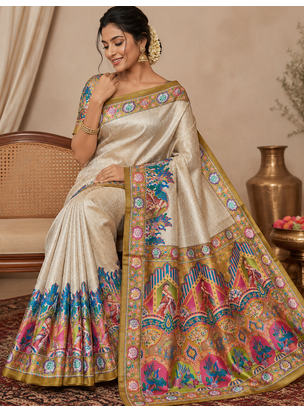 Yellow Color Printed Pasmina Print With Dori Piping Silk Saree 1