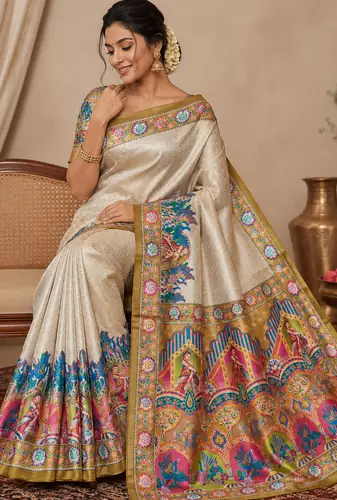 yellow printed pasmina print with dori silk saree
