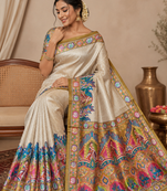 yellow printed pasmina print with dori silk saree