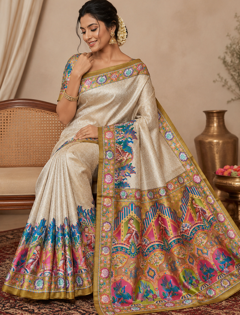 yellow printed pasmina print with dori silk saree