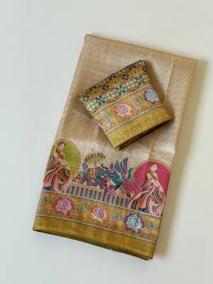 Yellow Color Printed Pasmina Print With Dori Piping Silk Saree 2