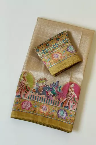 yellow printed pasmina print with dori silk saree