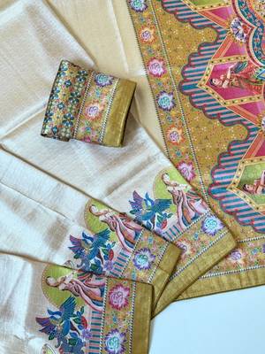 Yellow Color Printed Pasmina Print With Dori Piping Silk Saree 3