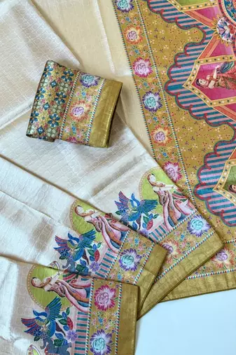 yellow printed pasmina print with dori silk saree