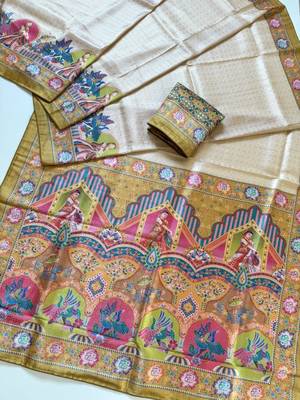 Yellow Color Printed Pasmina Print With Dori Piping Silk Saree 4