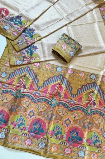 yellow printed pasmina print with dori silk saree