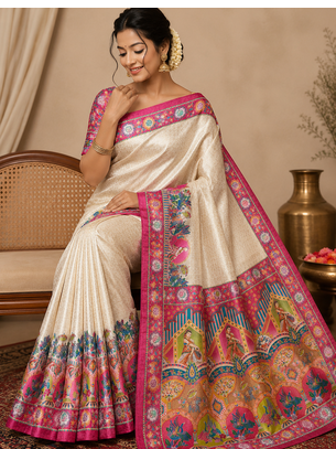 pink printed pasmina print with dori silk saree 1
