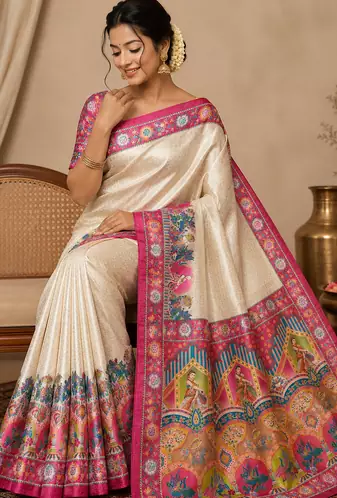 pink printed pasmina print with dori silk saree