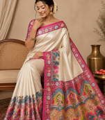 pink printed pasmina print with dori silk saree
