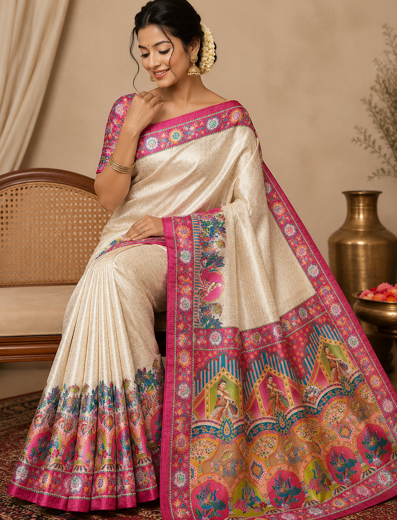 pink printed pasmina print with dori silk saree