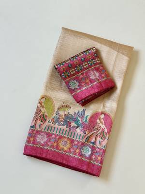 pink printed pasmina print with dori silk saree 2