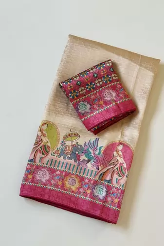 pink printed pasmina print with dori silk saree