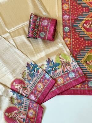 pink printed pasmina print with dori silk saree 3