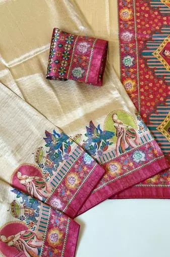 pink printed pasmina print with dori silk saree