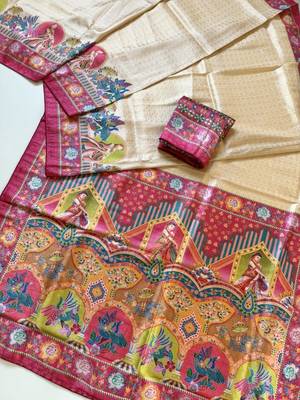 pink printed pasmina print with dori silk saree 4