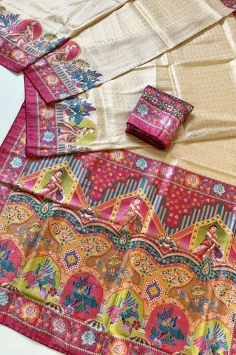 pink printed pasmina print with dori silk saree