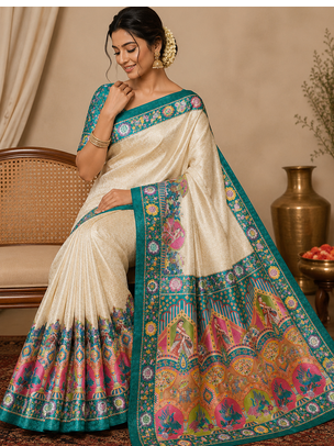 teal printed pasmina print with dori silk saree 1