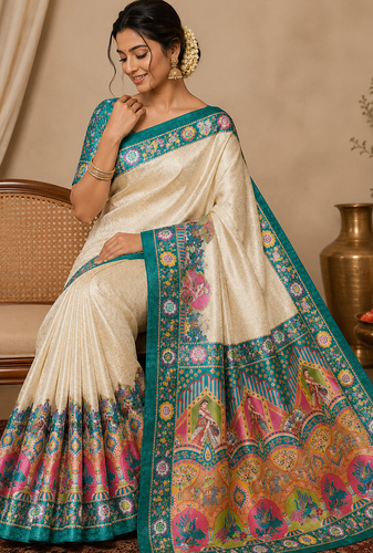 teal printed pasmina print with dori silk saree